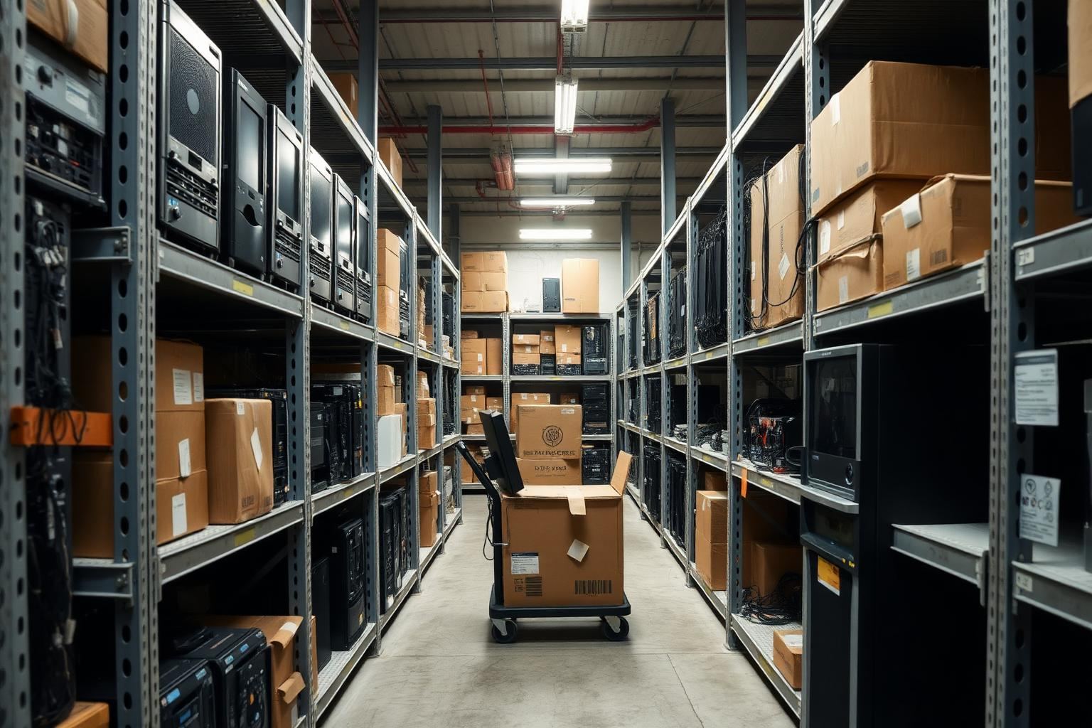 Stockroom aisle with steel shelving holding rack servers, boxed components, monitors and a tower unit on a trolley