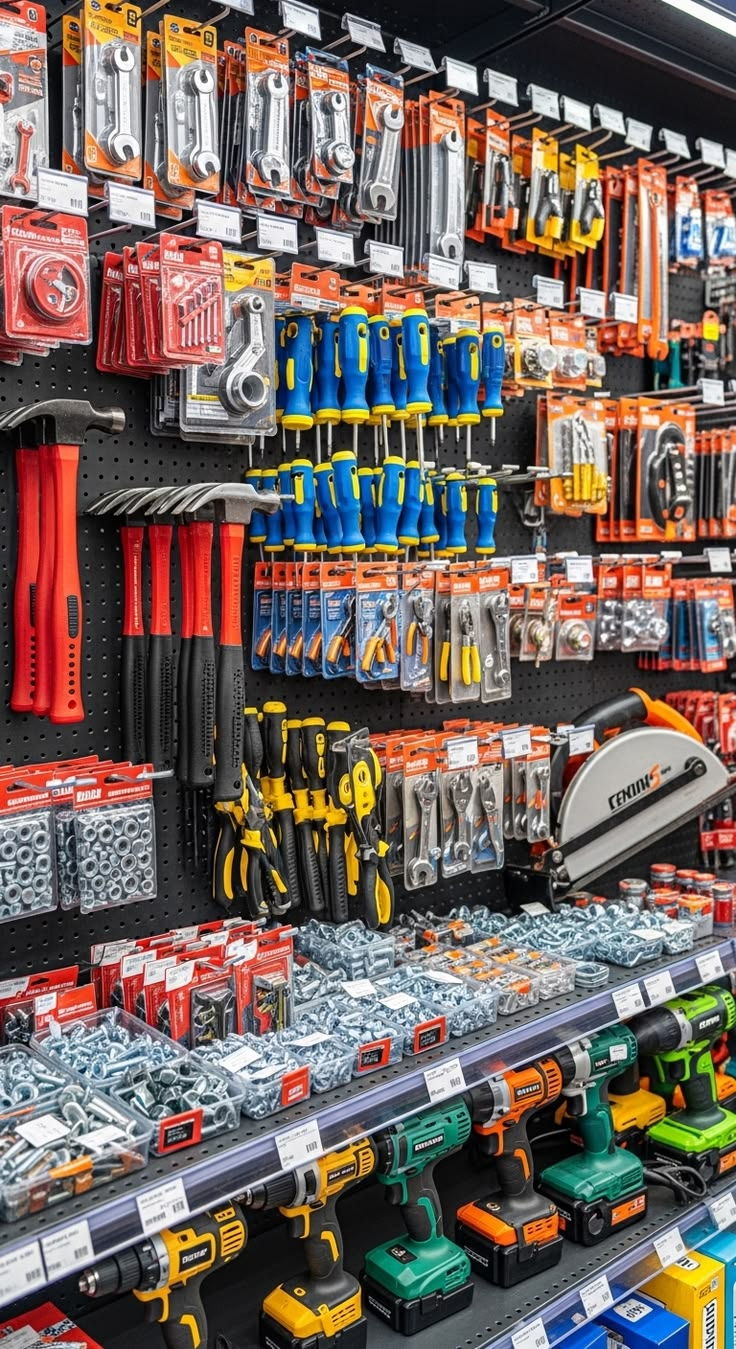 Pegboard of hand tools, drivers and cordless drills used for rack and site work